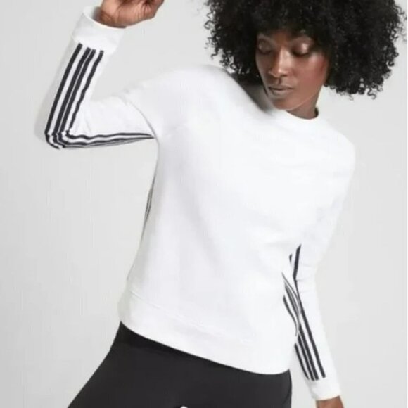 Athleta White 24/7 Track Black Stripe Crewneck Sweatshirt Cotton Pullover XS - Picture 2 of 8